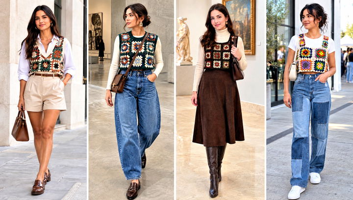 30 Granny Square Sweater Vest Outfit Ideas for Workdays