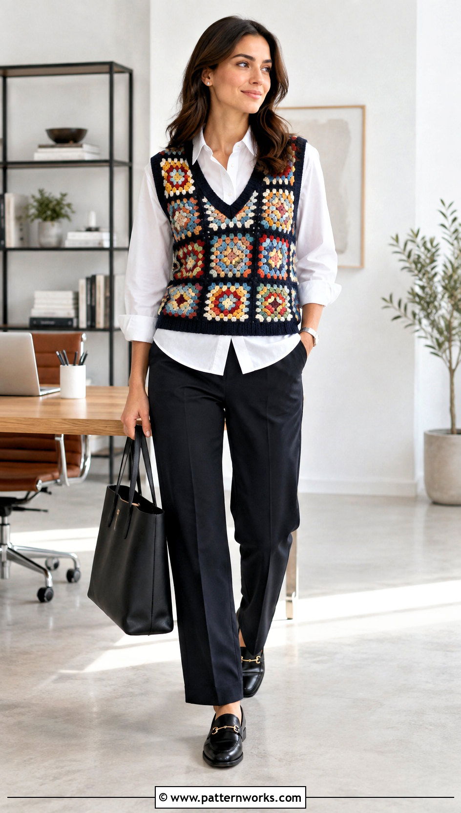 Granny Square Sweater Vest With Poplin Shirt - 24 Granny Squares Sweater outfit ideas