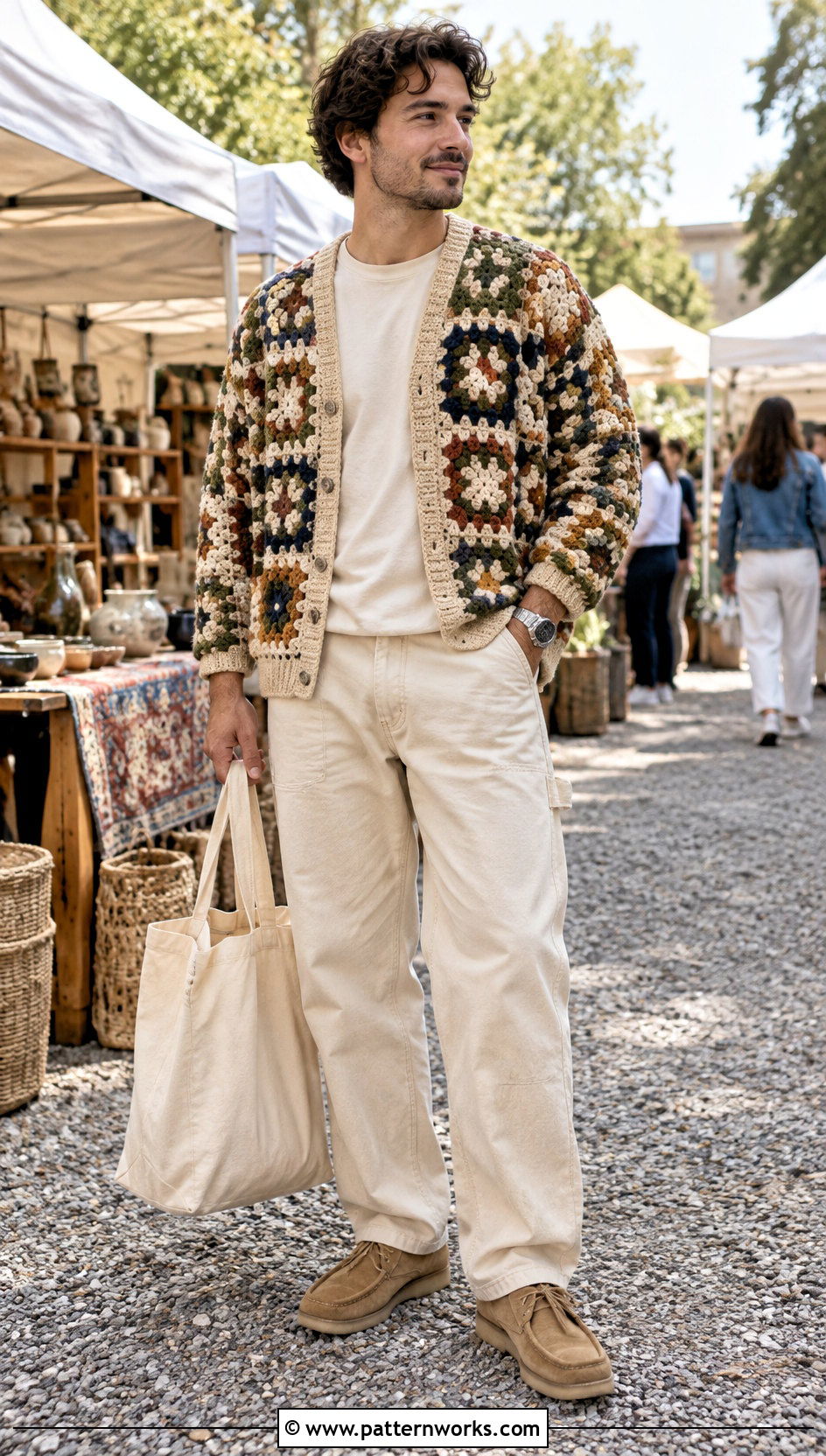 Granny Square Sweater With Carpenter Pants - 24 Crochet Granny Square Sweater For Men outfit ideas