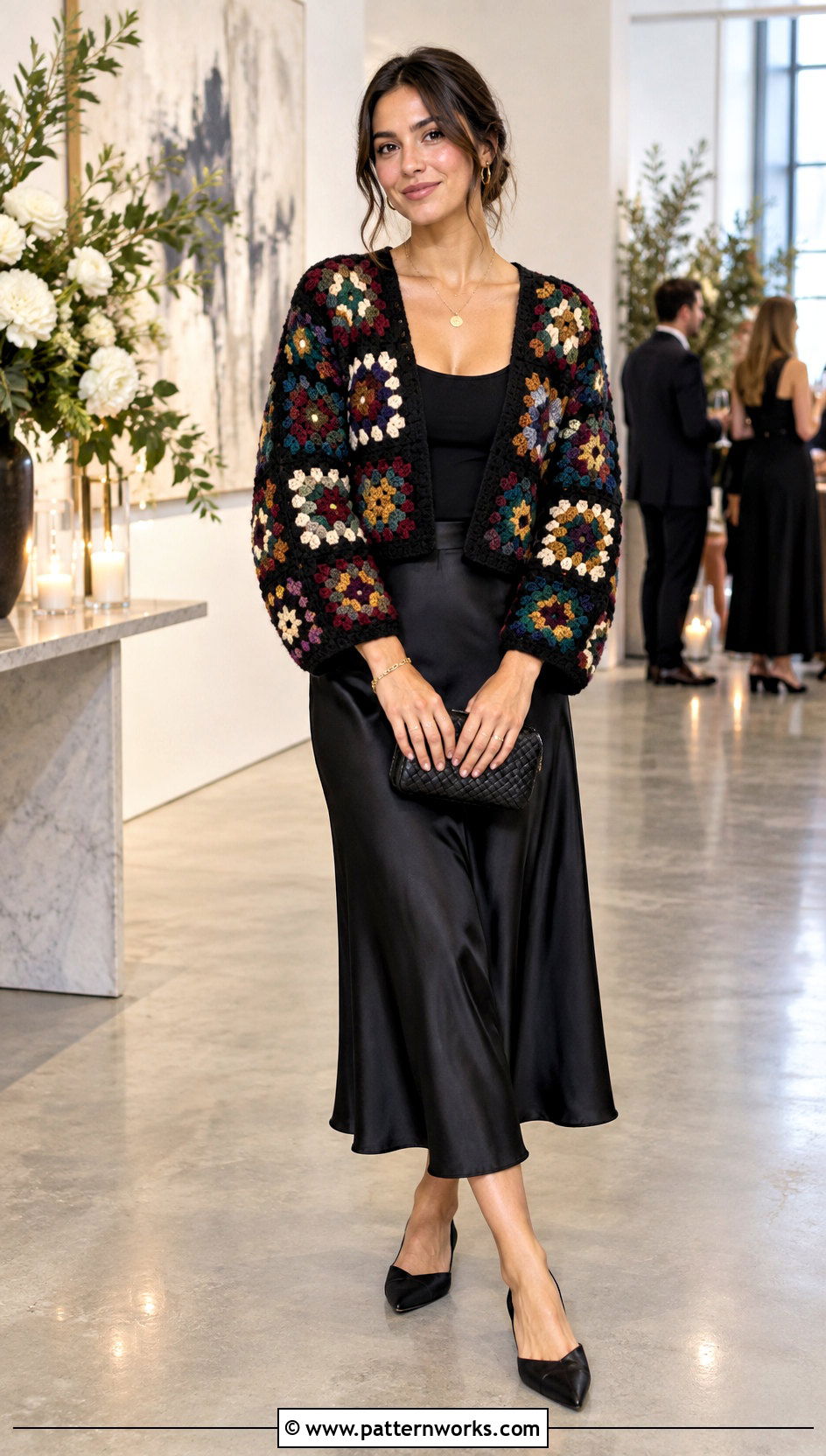 Granny Square Sweater With Satin Midi Skirt - 30 4 Granny Square Sweater outfit ideas