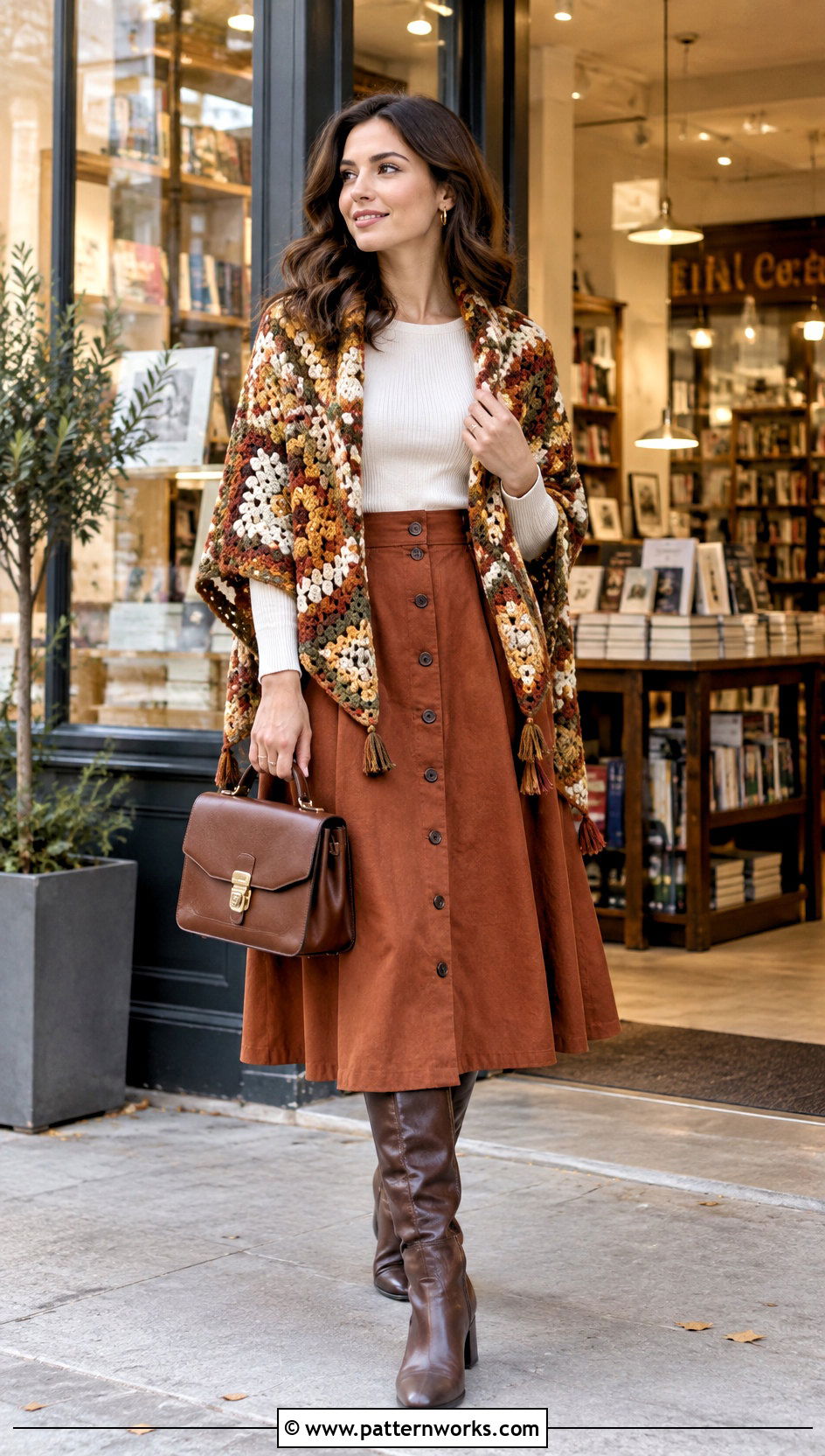 Granny Square Triangle Shawl With Button Front Skirt - 24 granny square triangle shawl outfit ideas