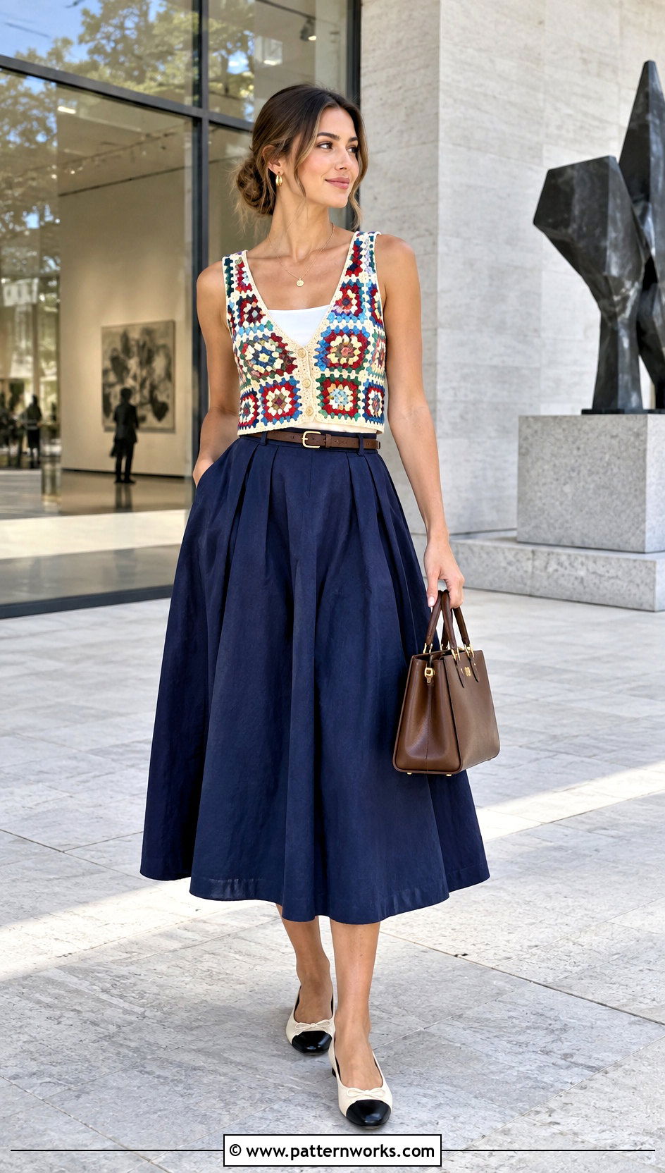 Granny Square Vest Top Outfit With Poplin Midi Skirt - 30 granny square summer top outfit ideas
