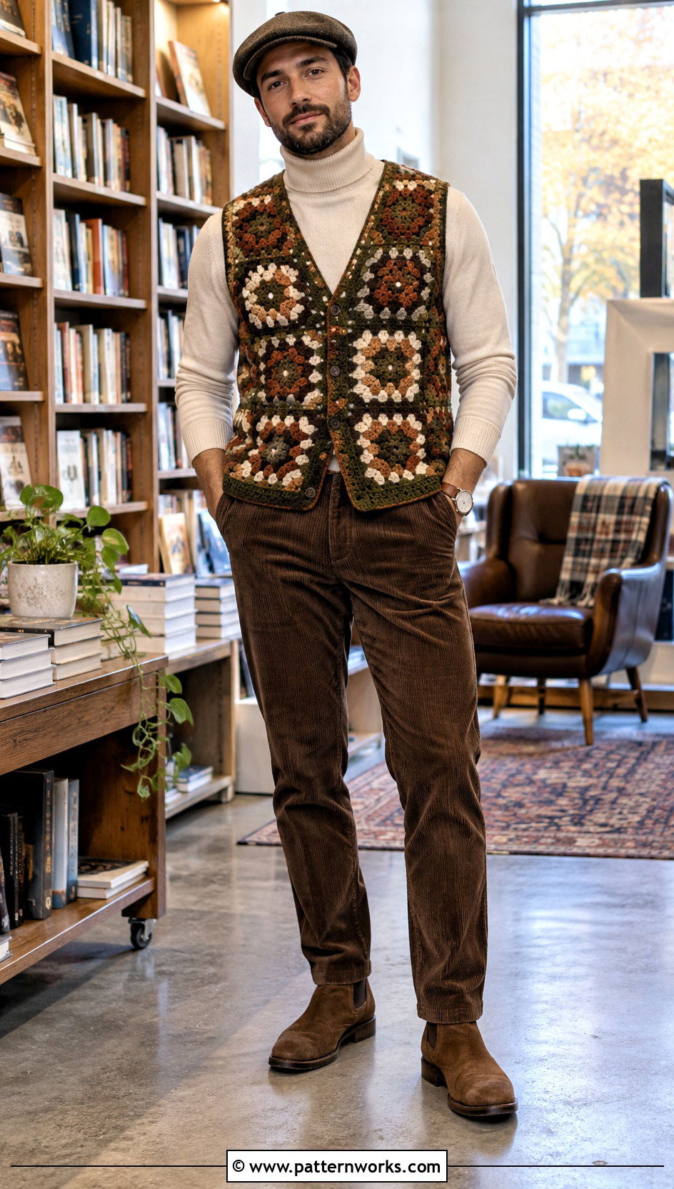 Granny Square Vest With Turtleneck And Corduroy Pants - 24 crochet granny square mens vest outfit ideas