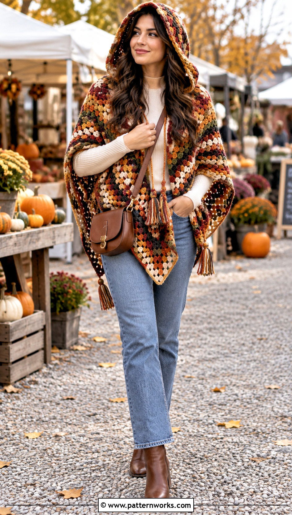 Granny Stitch Hooded Triangle Crochet Shawl With Straight Leg Jeans - 24 Hooded Triangle Crochet Shawl outfit ideas