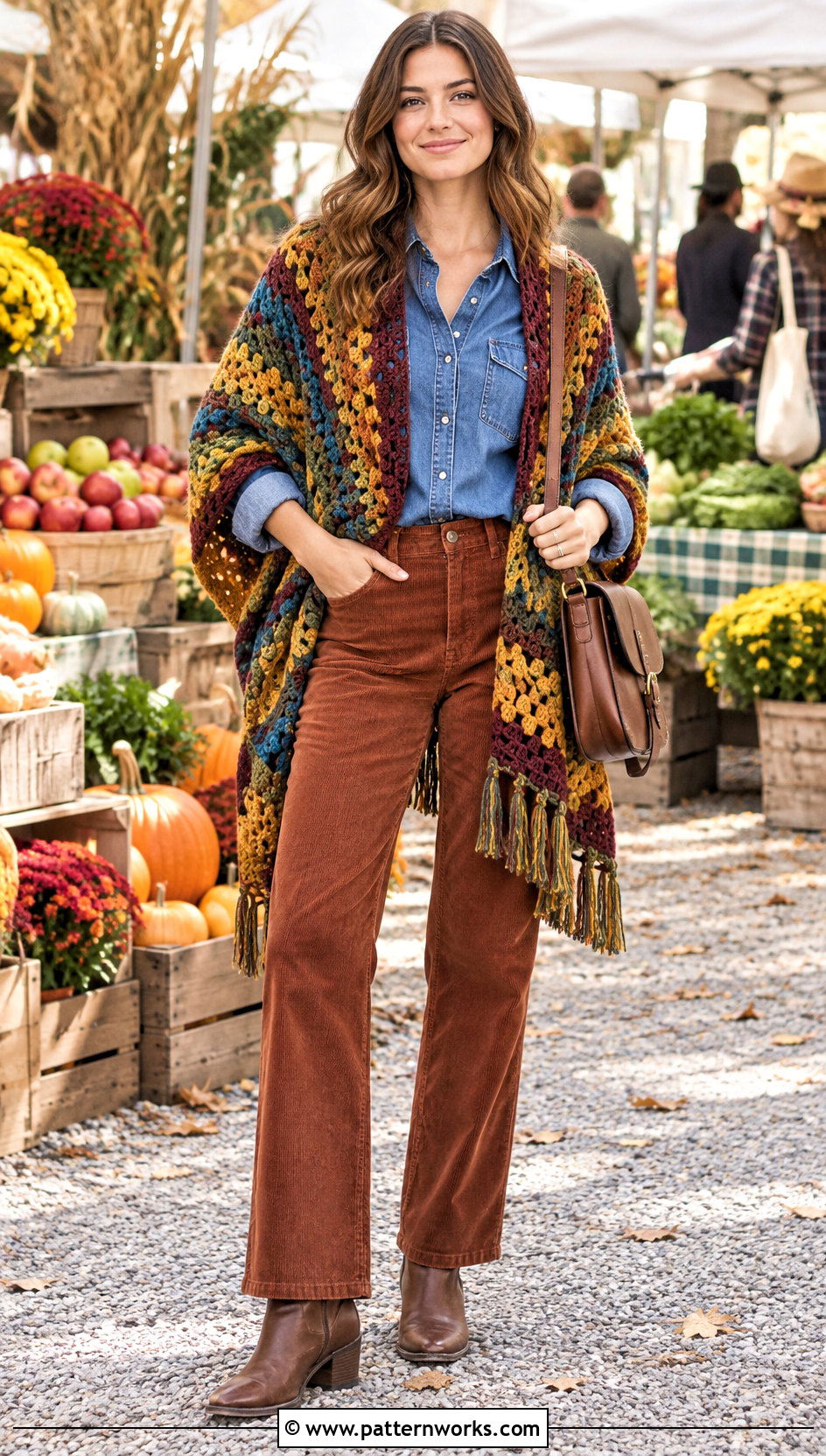 Granny Stripe Crochet Wrap With Denim Shirt And Corduroy Pants - 18 Colorful Striped Crochet Wrap outfit ideas
