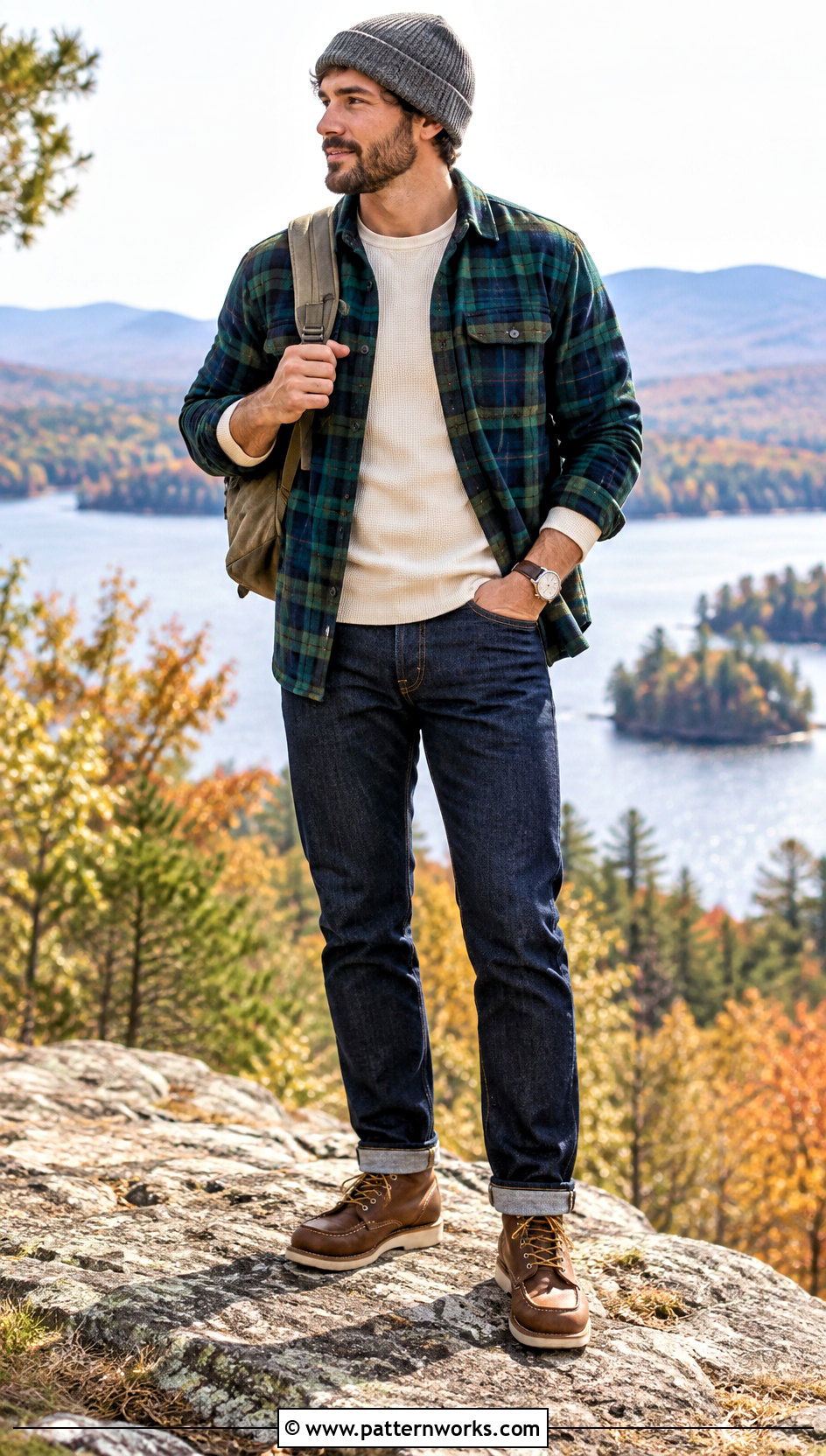 Gray Crochet Beanie With Flannel Overshirt - 24 mens crochet hats men's beanie outfit ideas
