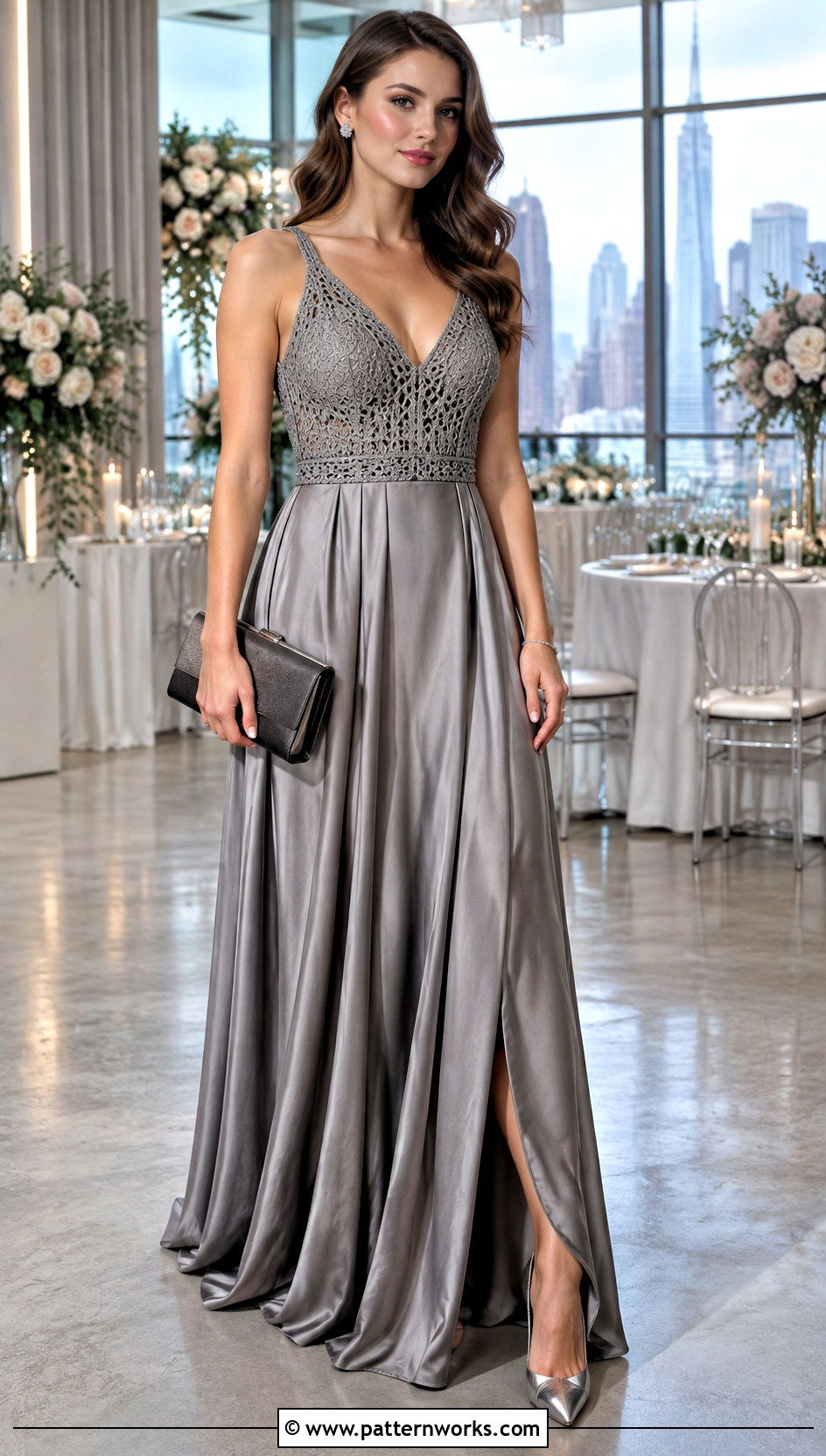 Gray Crochet Bodice And Satin Skirt Bridesmaid Dress - 24 Crochet Bridesmaid Dress outfit ideas