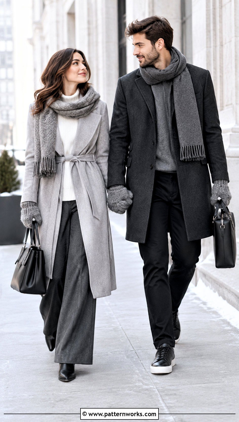 Gray Crochet Couple Mittens With Monochrome Outfits - 24 crochet couple mittens outfit ideas