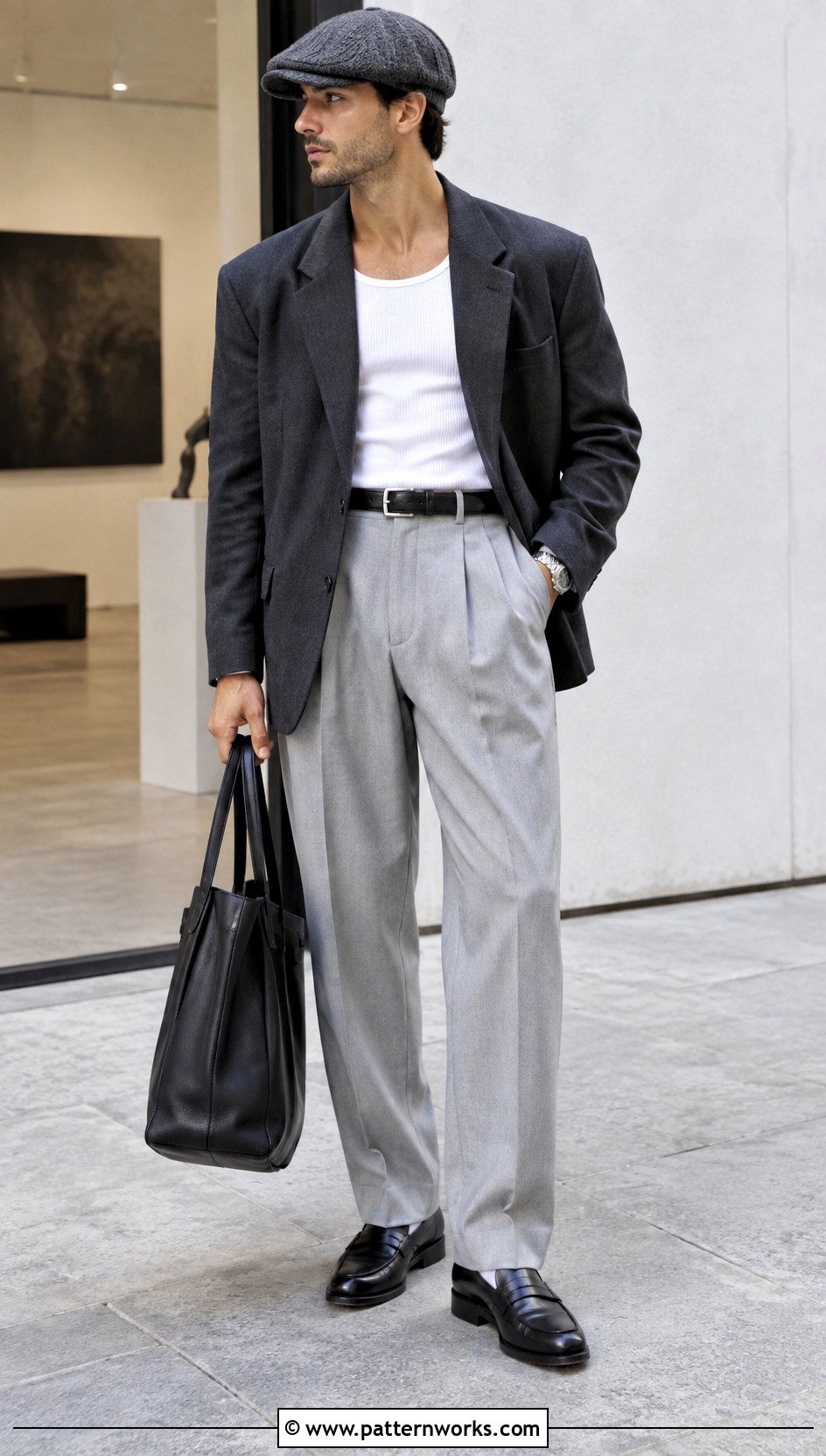 Gray Crochet Scally Cap Outfit With Blazer And Pleated Trousers - 24 Crochet Scally Cap outfit ideas