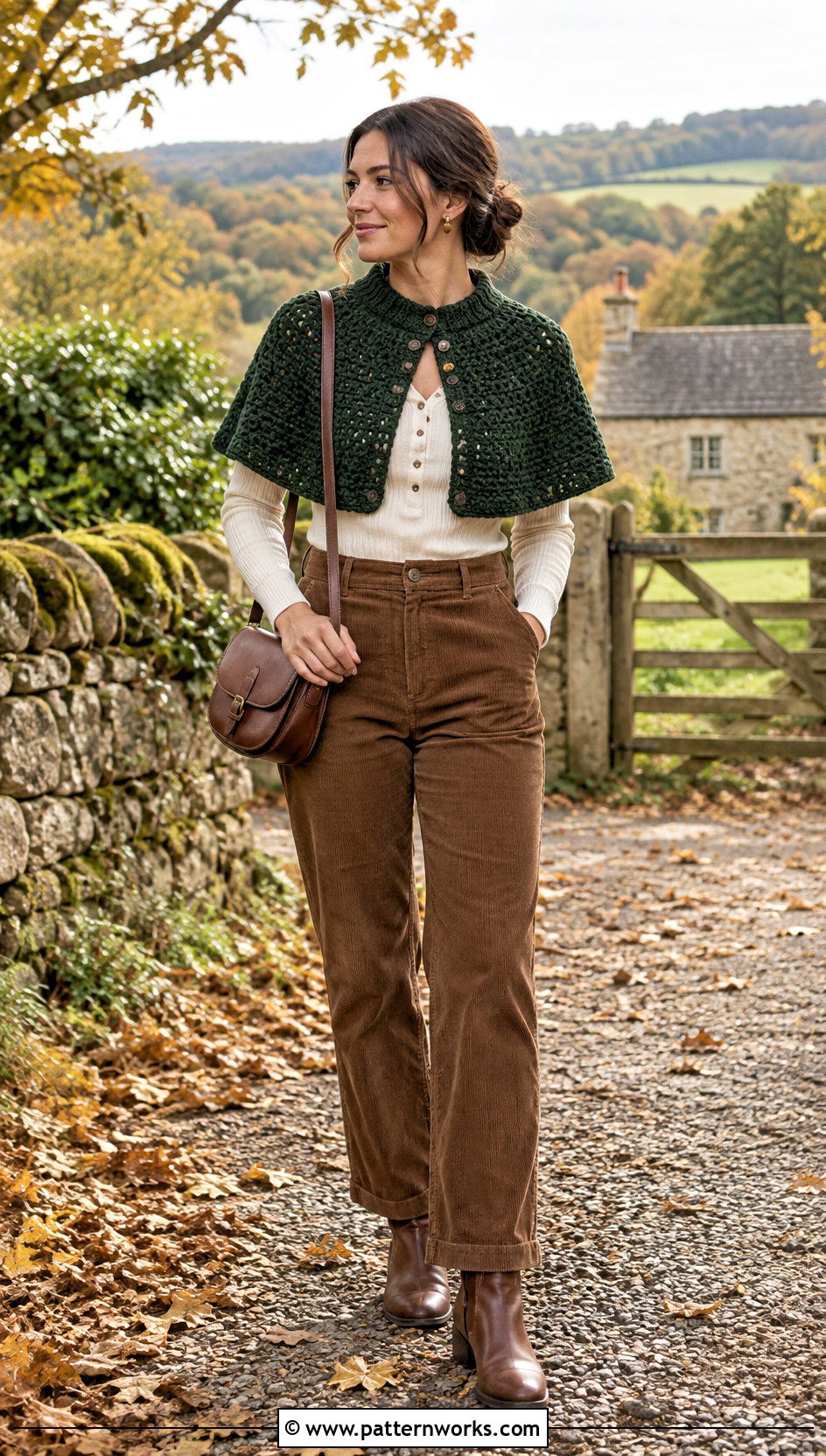 Green Crochet Capelet Outfit With Brown Corduroy Pants - 30 crochet capelet outfit ideas