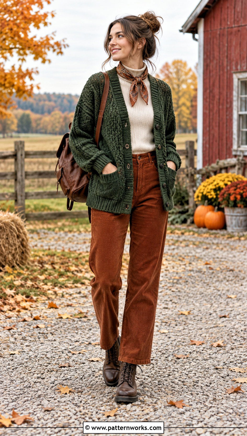 Green Crochet Cardigan With Corduroy Pants - 30 crochet fall cardigan outfit ideas
