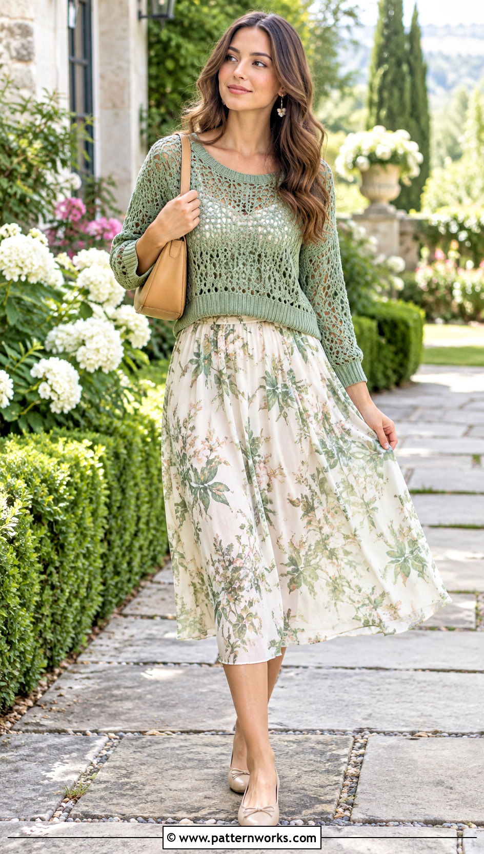 Green Crochet Jumper With Floral Midi Skirt - 24 crochet jumper for women outfit ideas