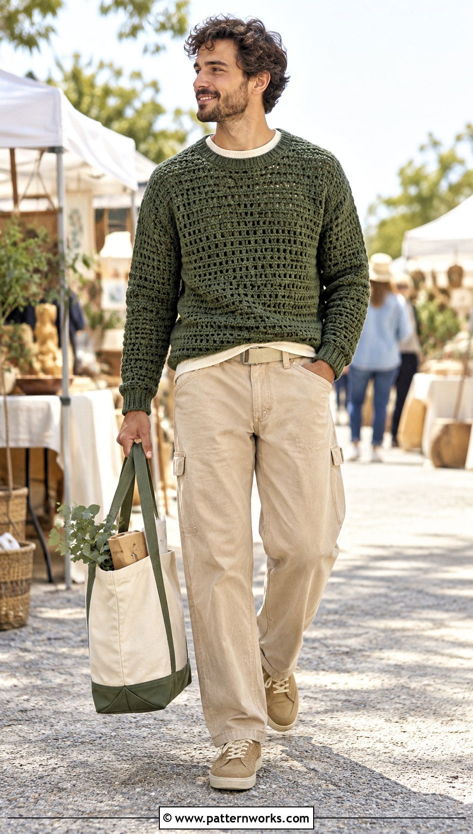 Green Crochet Sweater With Carpenter Pants - 30 mens crochet sweater outfit ideas