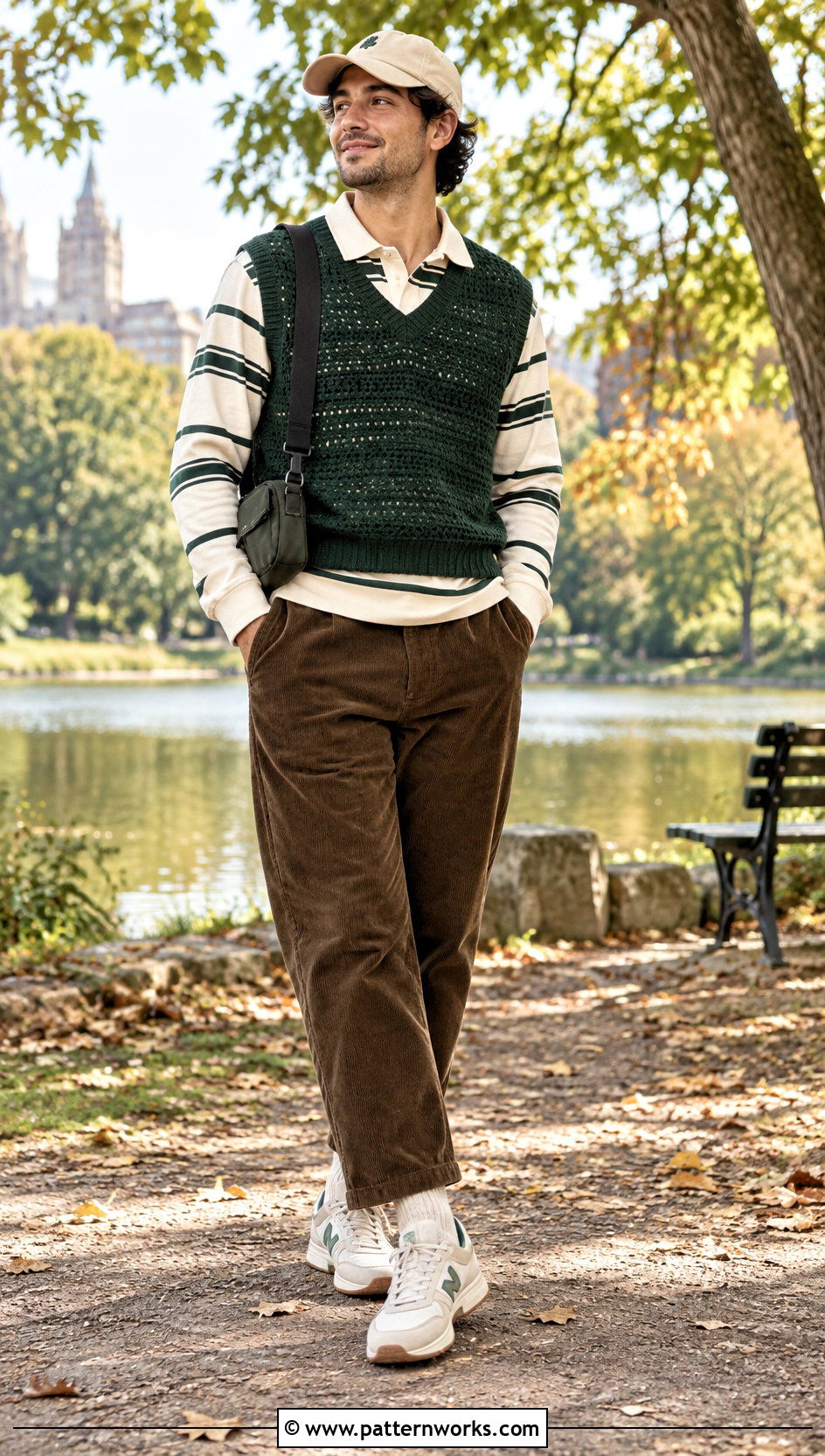 Green Crochet Vest With Rugby Shirt And Corduroy Pants - 30 crochet vest for men outfit ideas