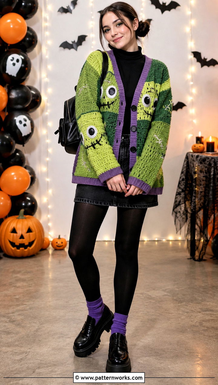 Green Monster Crochet Cardigan Outfit With Mini Skirt - 24 halloween crochet cardigan outfit ideas
