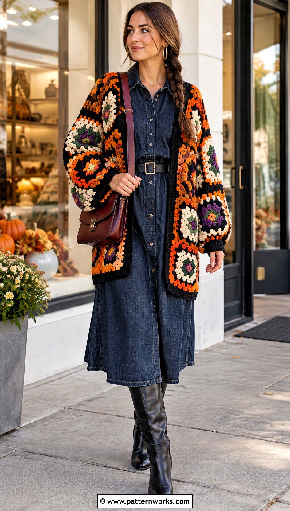 Halloween Hexagon Crochet Cardigan Outfit With Denim Dress - 24 halloween crochet cardigan outfit ideas