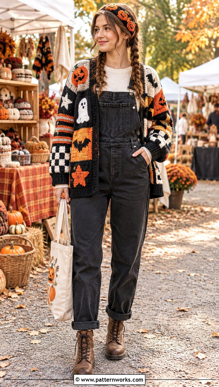 Halloween Patchwork Crochet Cardigan With Overalls - 24 Crochet Halloween Clothes and outfit ideas