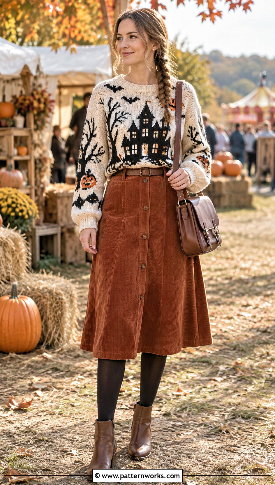 Haunted House Crochet Sweater Outfit With Corduroy Skirt - 18 Spooky Crochet Sweater outfit ideas