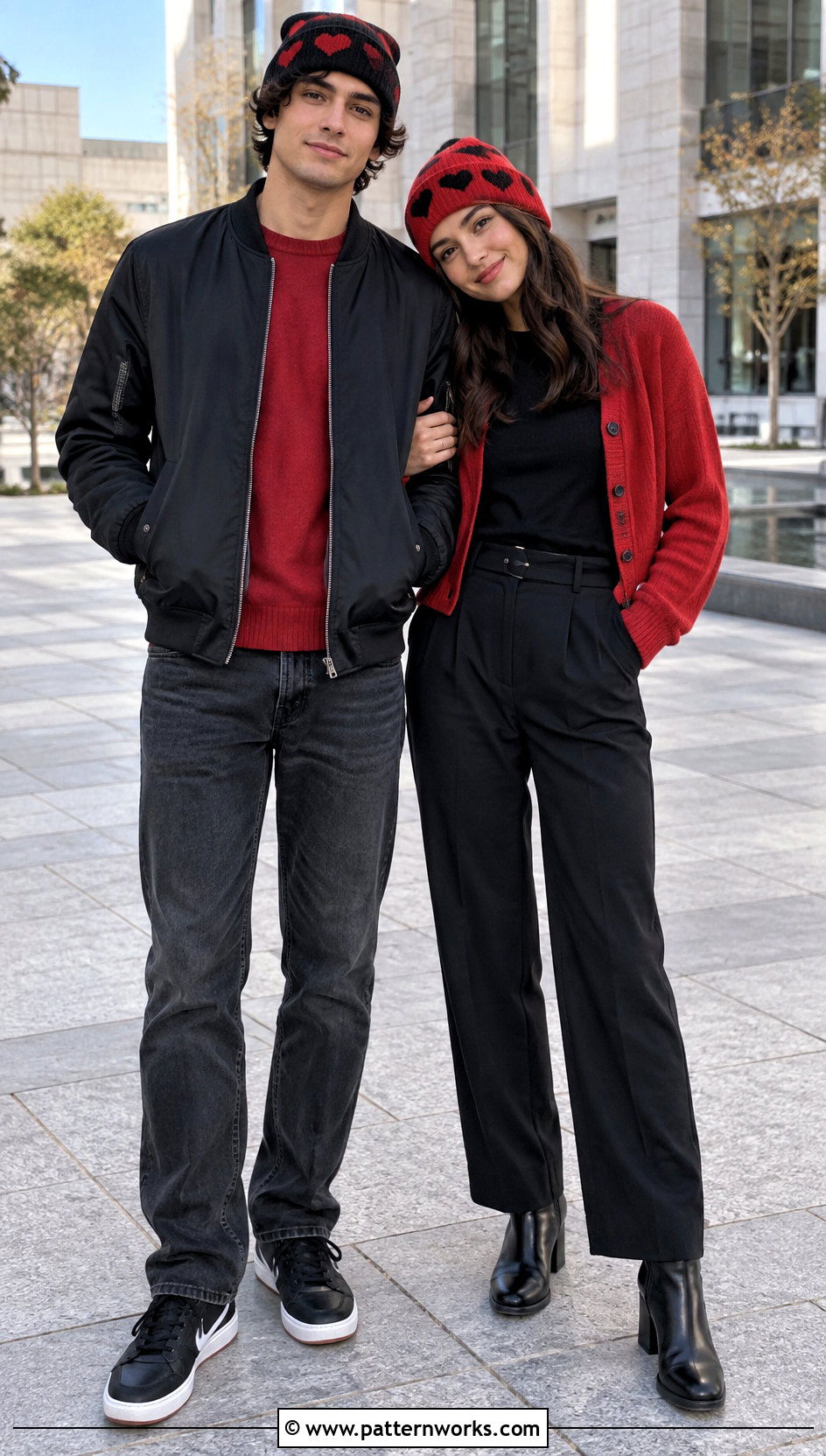 Heart Crochet Beanies With Red And Black Outfits - 18 Couples Crochet Hats outfit ideas