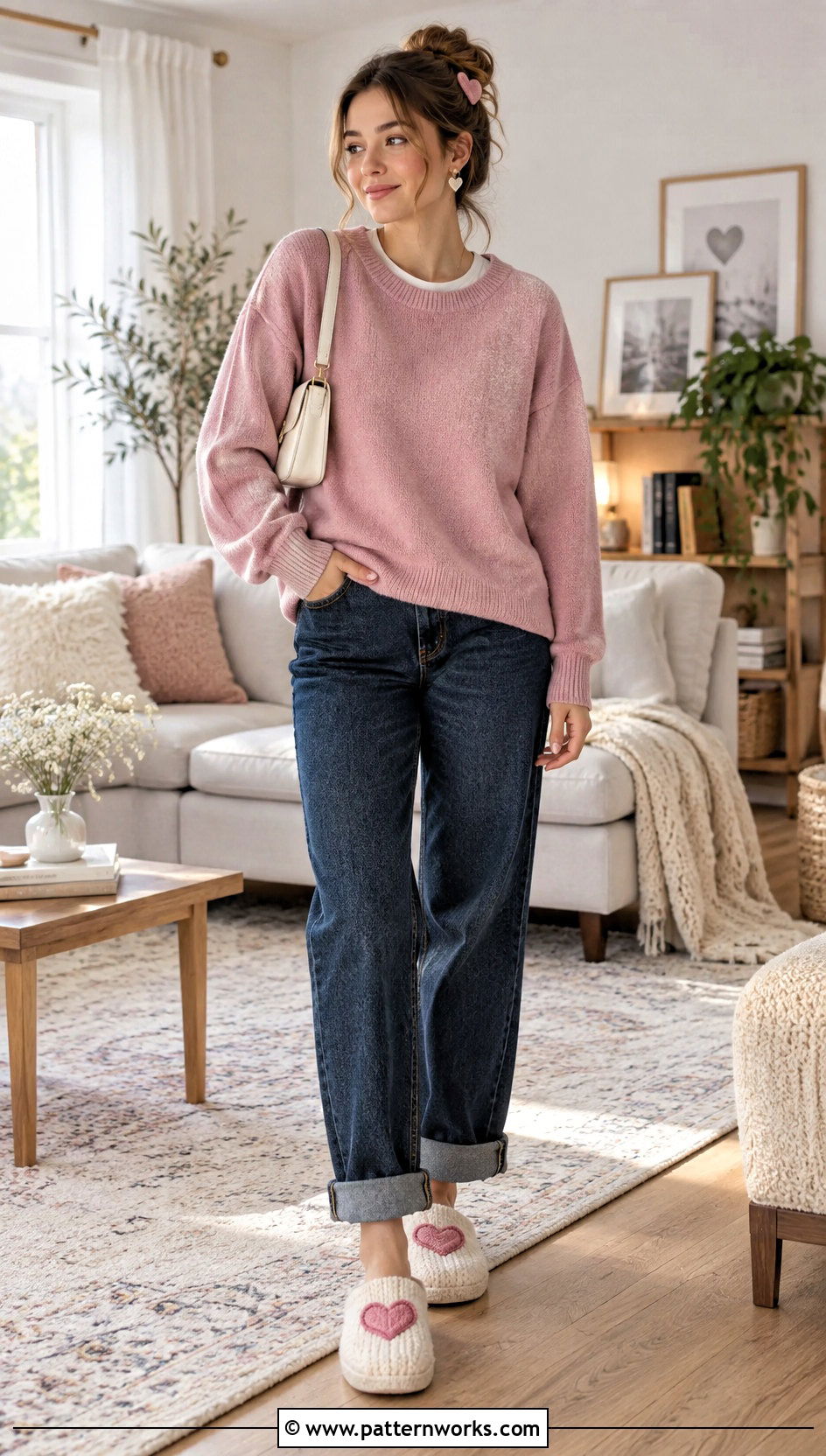 Heart Crochet Slippers With Pink Sweater And Jeans - 24 Cute Crochet Slippers outfit ideas
