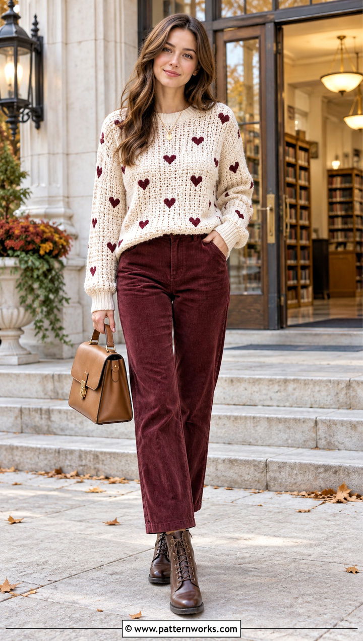 Heart Pattern Crochet Sweater With Corduroy Pants - 24 Patterned Crochet Sweater outfit ideas