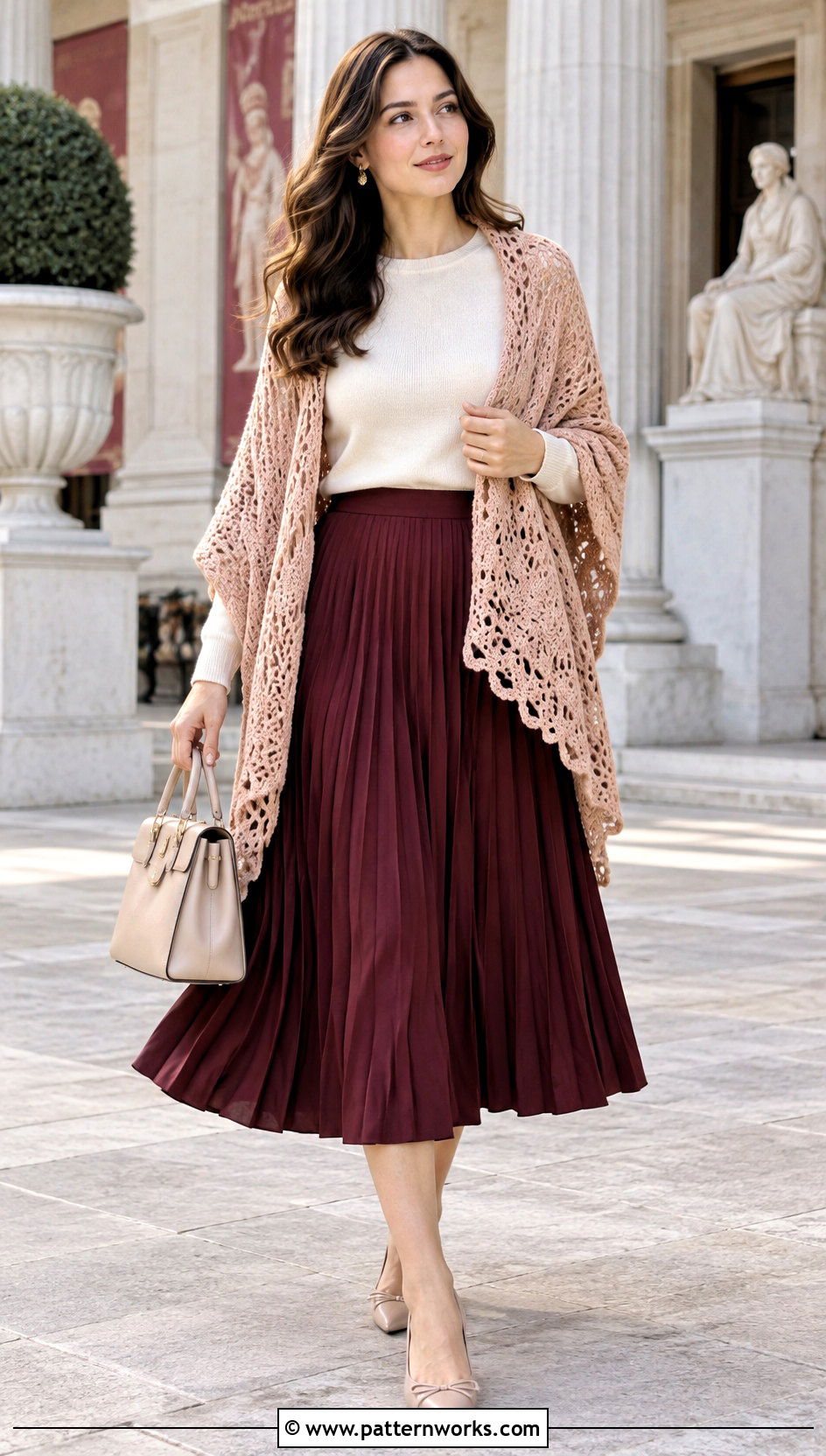 Hearty Diamonds Shawl With Pleated Midi Skirt - 18 hearty diamonds shawl by k.a.m.e. crochet outfit ideas