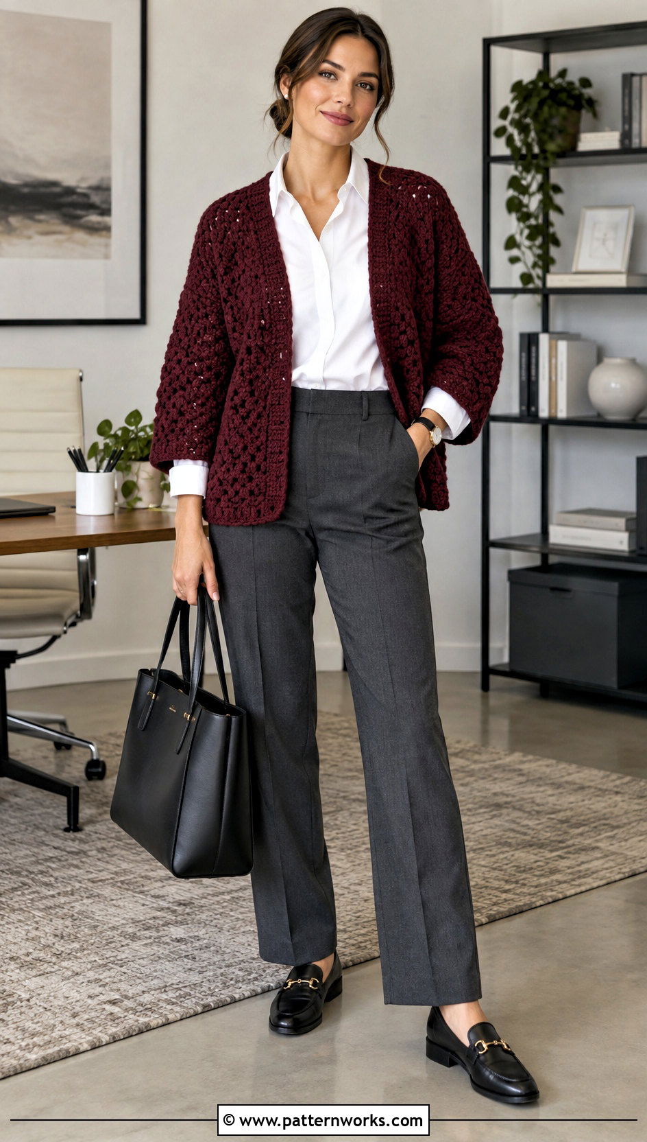 Hexagon Crochet Cardigan With Shirt And Trousers - 30 hexagon crochet cardigan outfit ideas