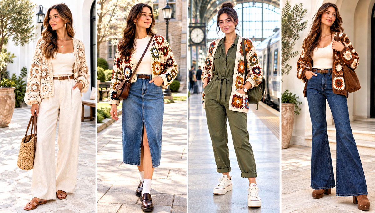 30 Hexagon Granny Square Cardigan Outfit Ideas for Denim