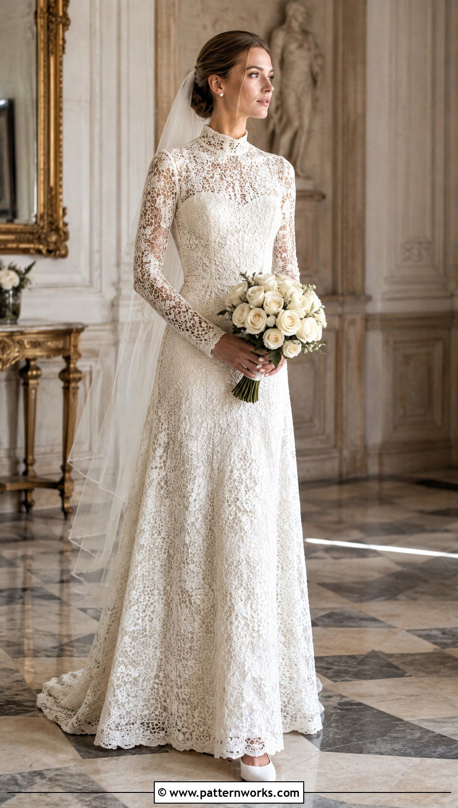 High Neck Crochet Wedding Dress With Satin Pumps - 30 crochet wedding dress outfit ideas