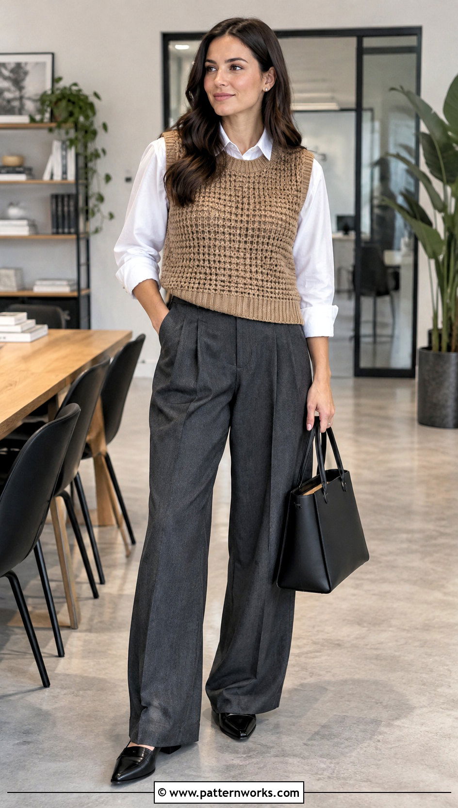 Honeycomb Tunisian Crochet Sweater Vest With Pleated Trousers - 24 tunisian crochet sweater vest outfit ideas