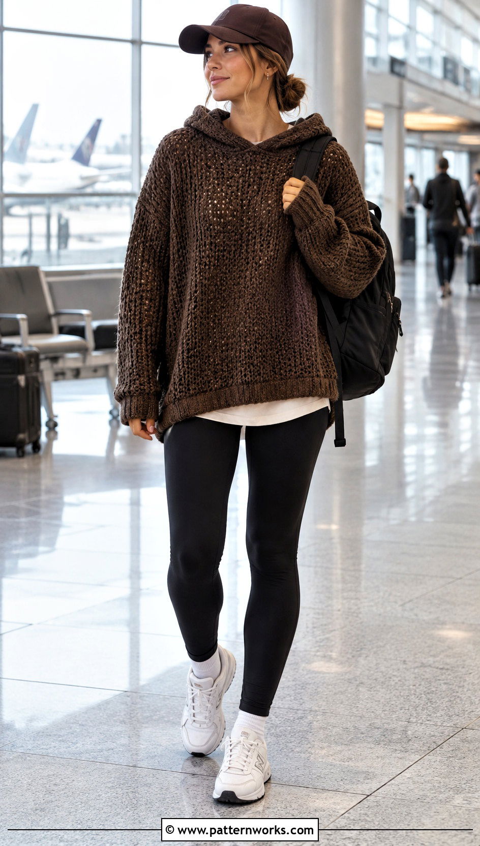 Hooded Brown Crochet Sweater With Leggings And Sneakers - 18 Brown Crochet Sweater Design outfit ideas