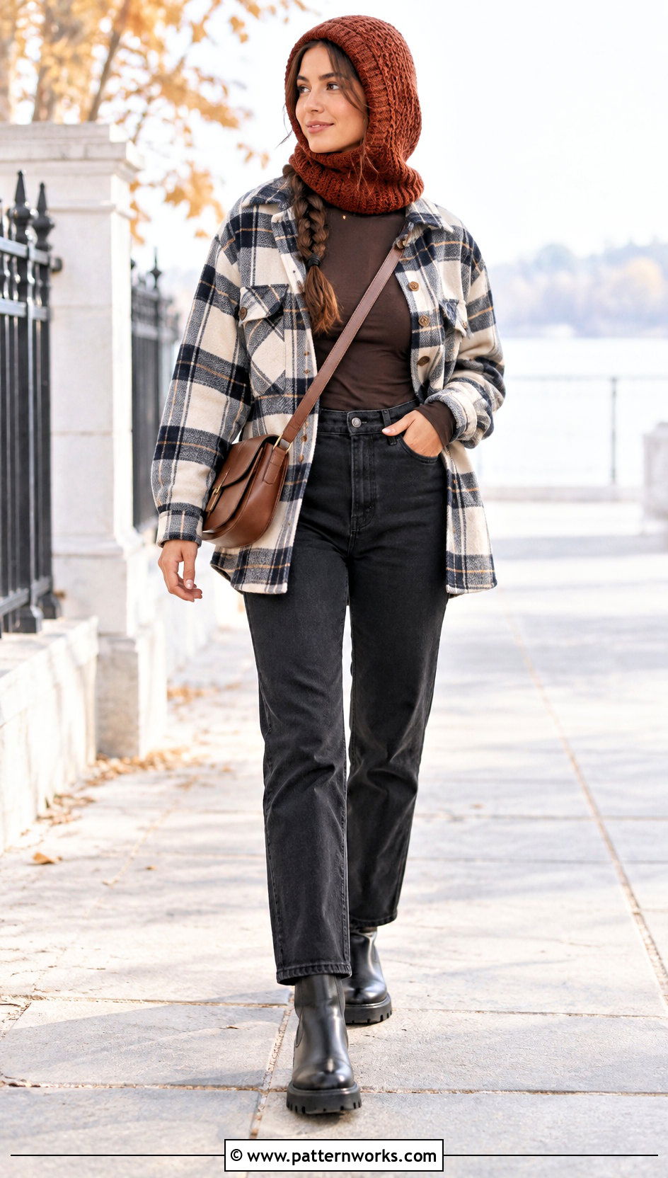 Hooded Crochet Balaclava With Plaid Shacket - 24 hooded crochet balaclava outfit ideas