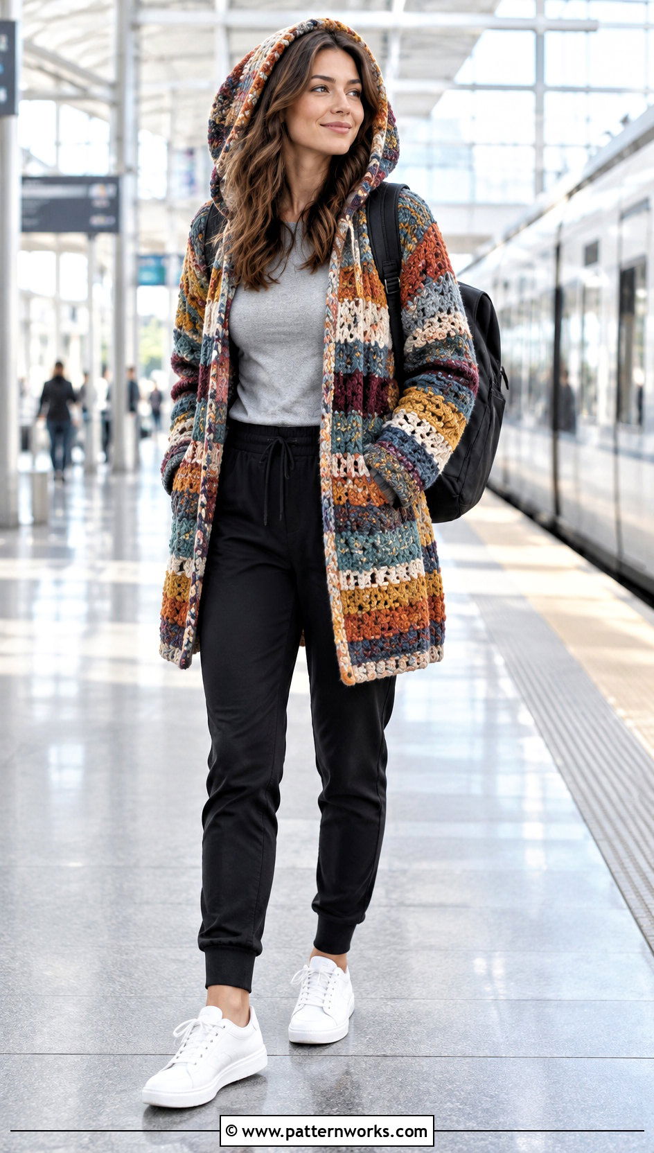 Hooded Crochet Coat With Joggers - 24 women crochet coat outfit ideas