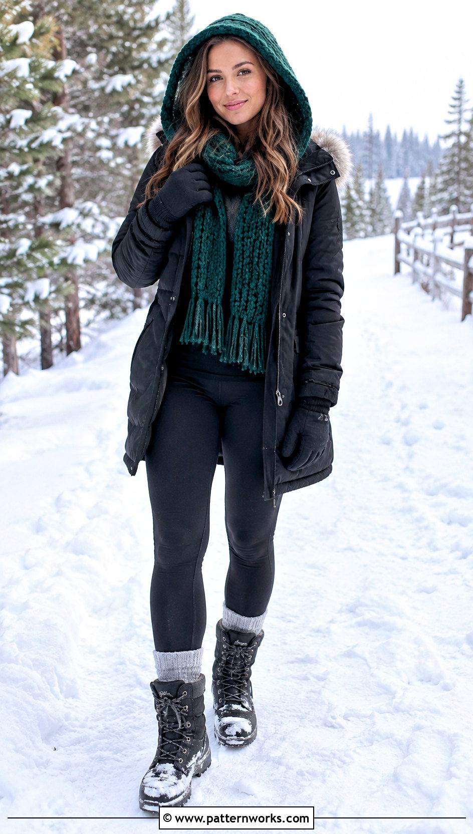 Hooded Crochet Scarf With Parka And Snow Boots - 30 Winter Crochet Scarfs For Women outfit ideas