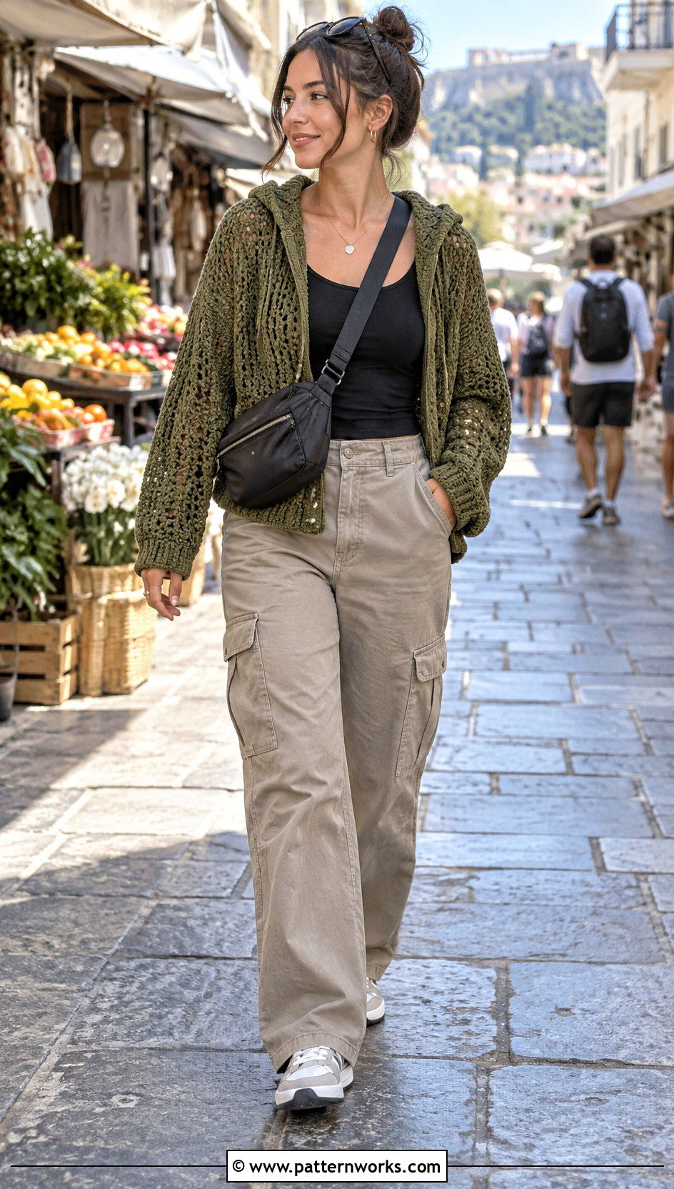 Hooded Crochet Sweater With Cargo Pants - 30 crochet sweater women outfit ideas
