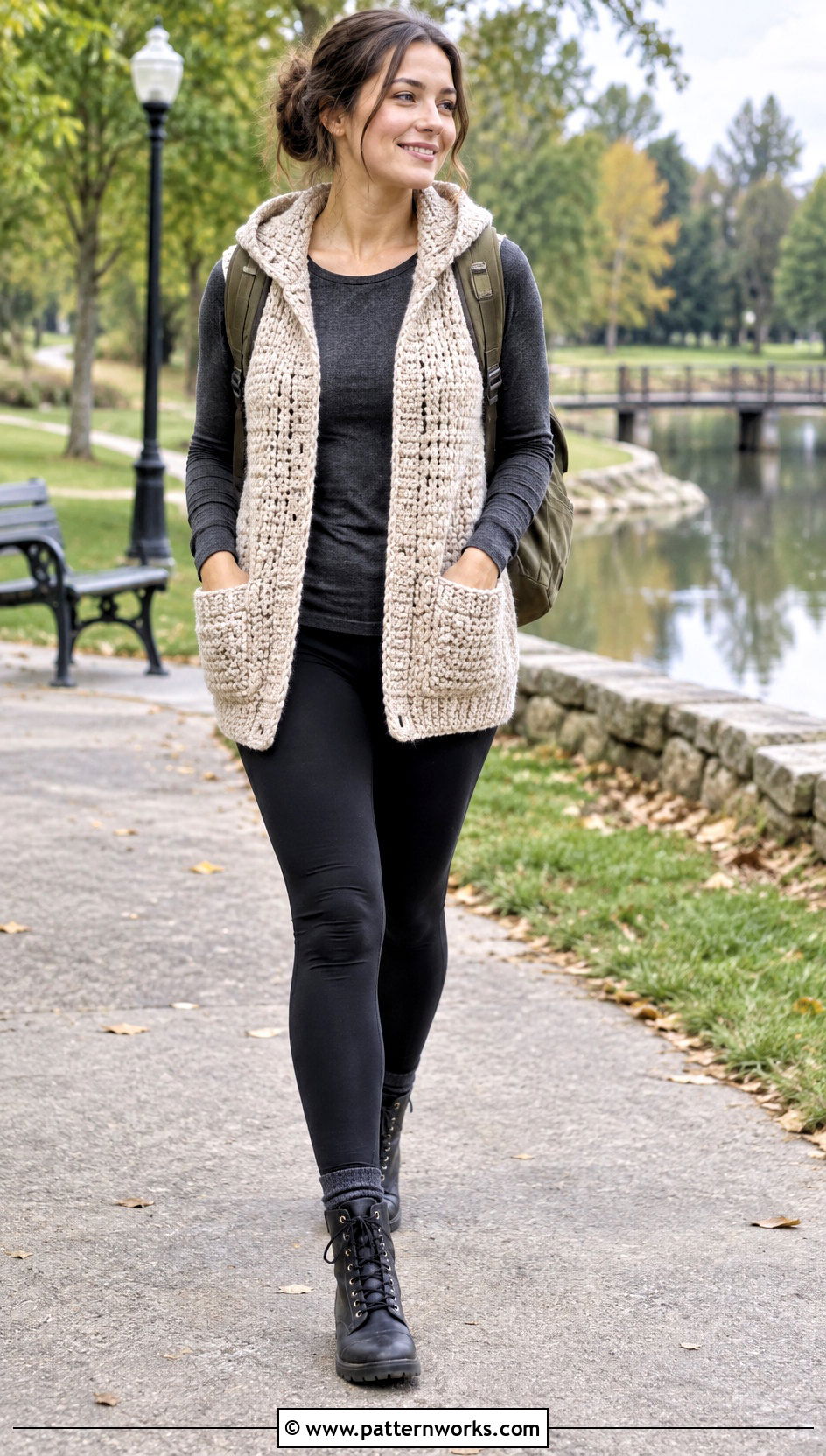 Hooded Crochet Waistcoat With Leggings - 30 crochet waistcoat outfit ideas