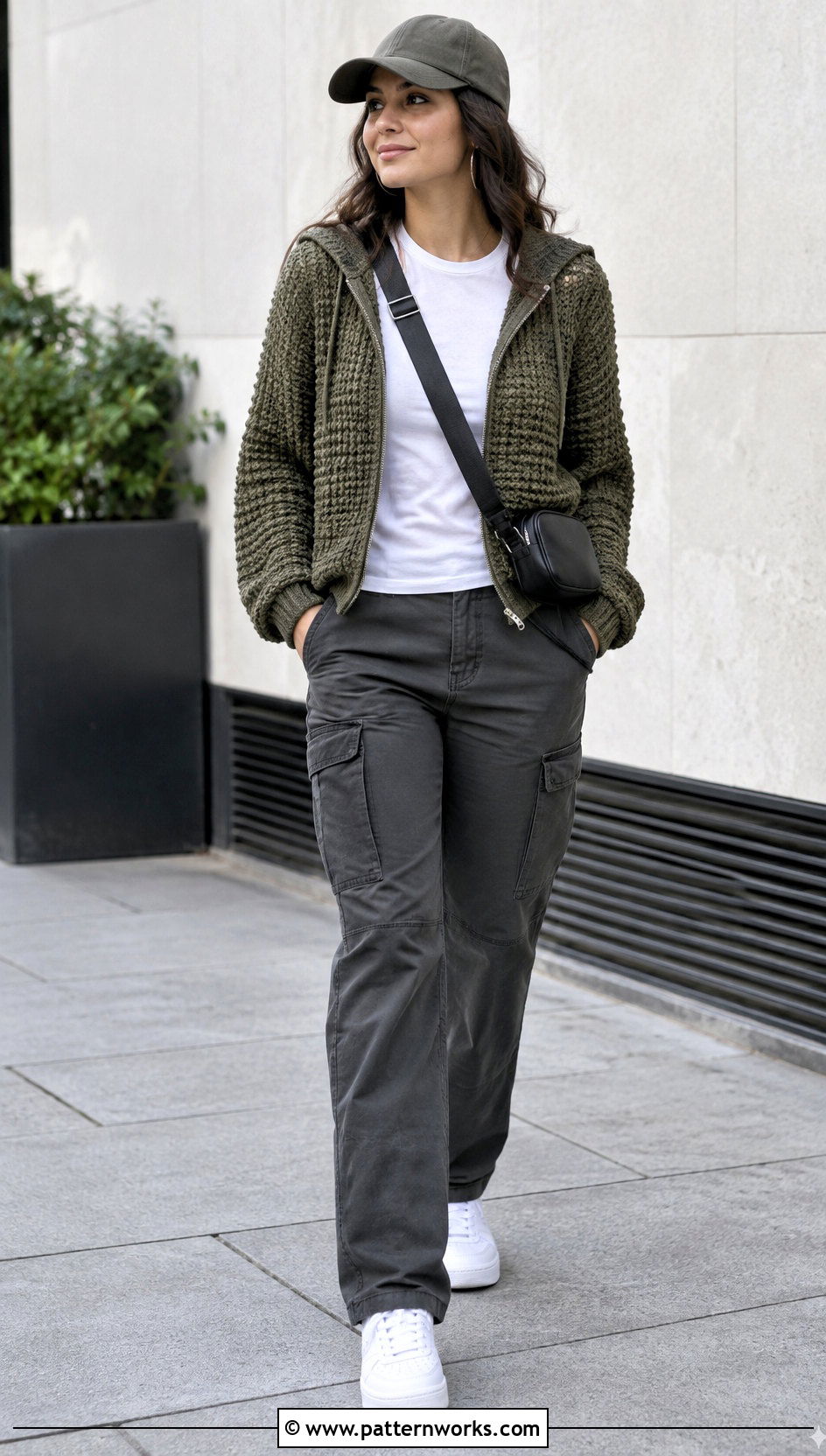 Hooded Crochet Zip Jacket With Cargo Pants - 24 crochet jacket with zipper outfit ideas