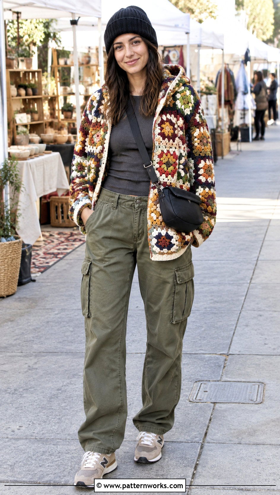 Hooded Granny Square Cardigan With Cargo Pants - 24 Crochet Cardigan From Square outfit ideas