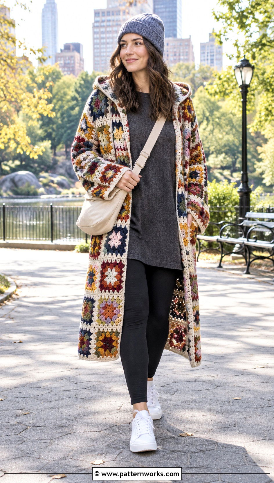 Hooded Granny Square Coat With Leggings And Sneakers - 30 crochet granny square coat outfit ideas