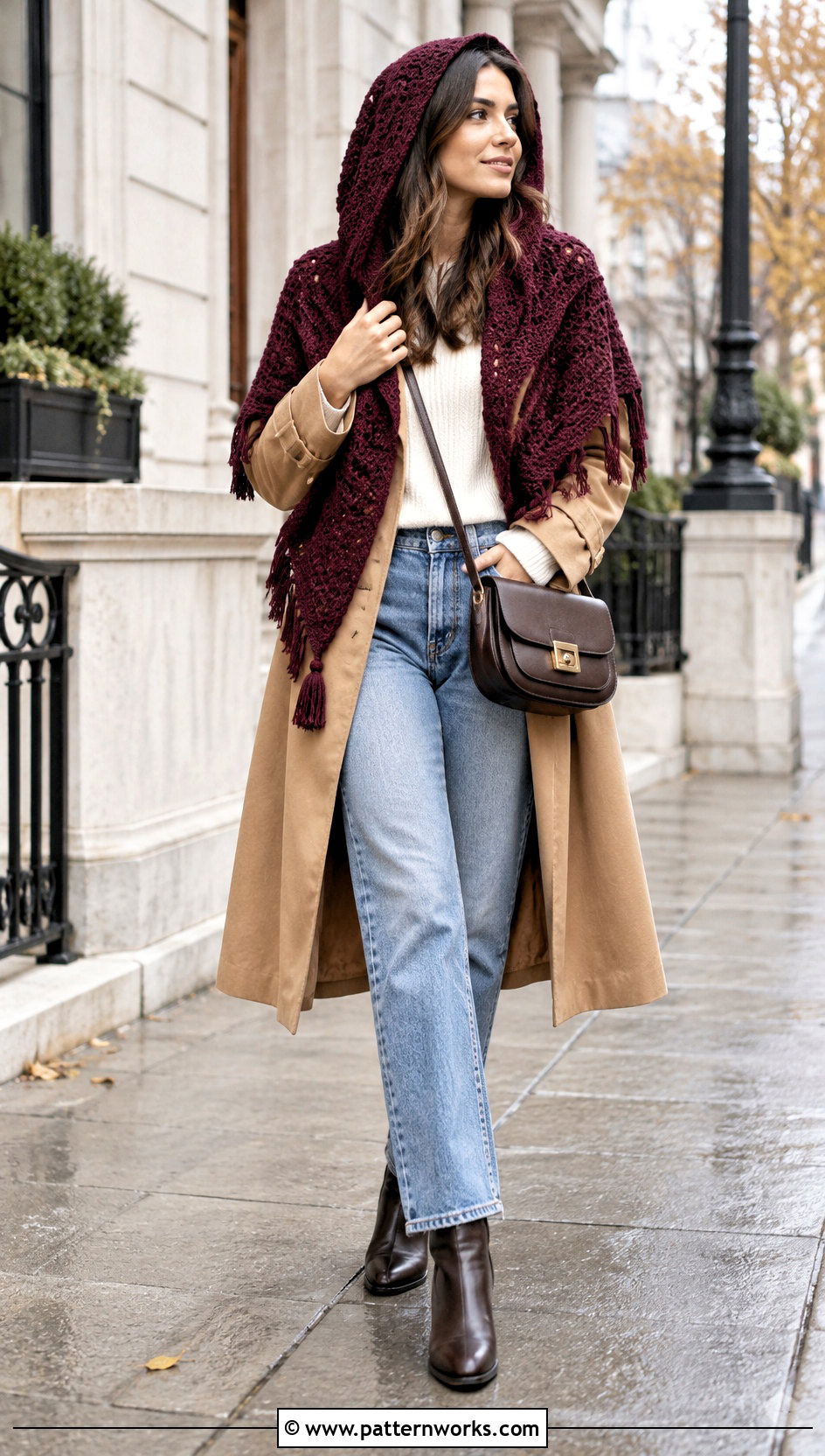 Hooded Triangle Crochet Shawl With A Trench Coat And Jeans - 24 Hooded Triangle Crochet Shawl outfit ideas