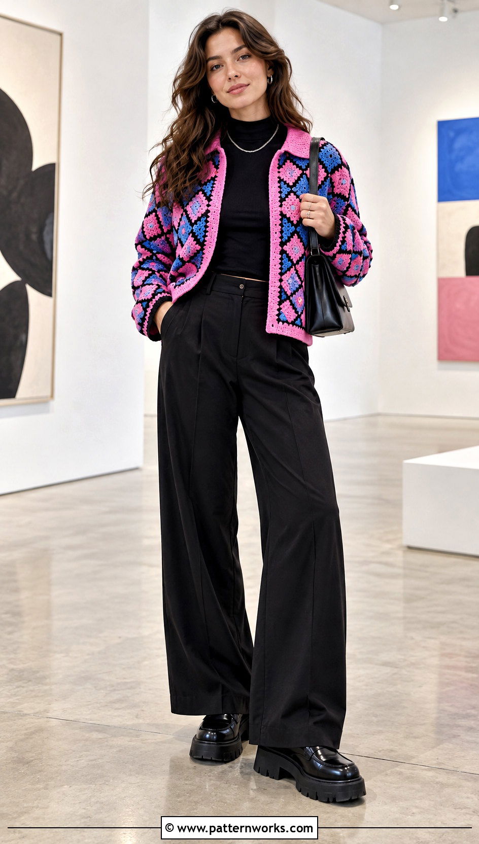 Howls Crochet Jacket With Black Wide Leg Pants - 24 Howls Crochet Jacket outfit ideas