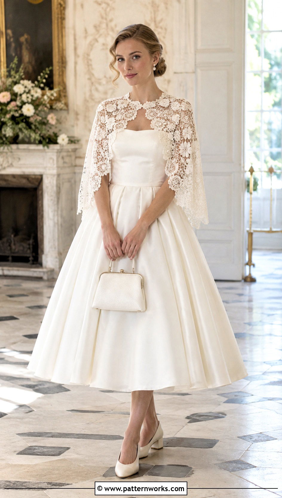 Irish Lace Crochet Wedding Cape With Tea Length Dress - 24 Crochet Wedding Cape outfit ideas