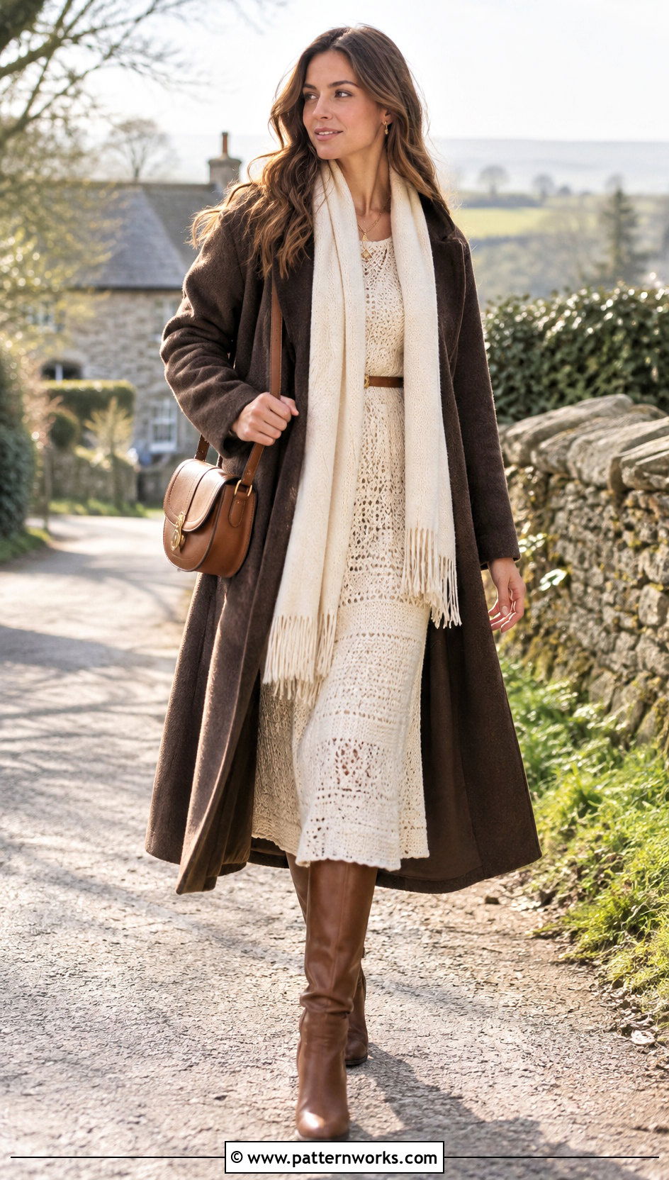 Ivory Crochet Dress With Riding Boots - 30 crochet winter dress outfit ideas