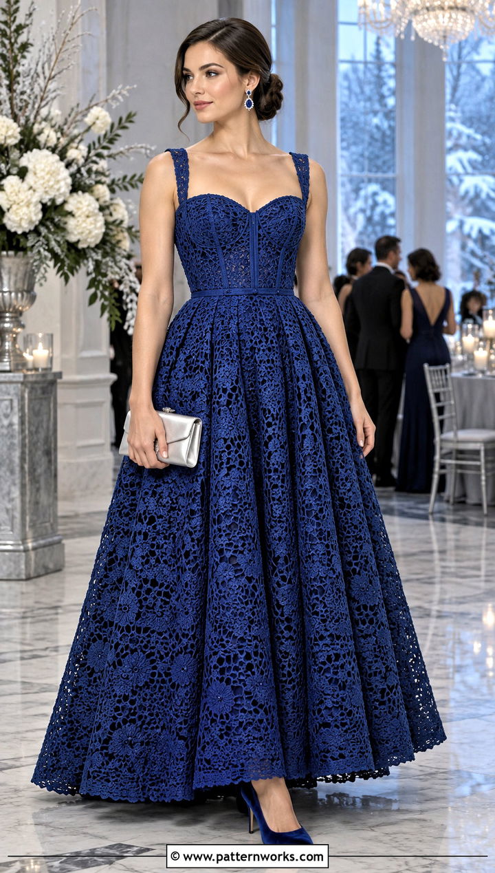 Jewel Tone Crochet Ball Gown With Velvet Heels - 24 crochet ball gown dress outfit ideas
