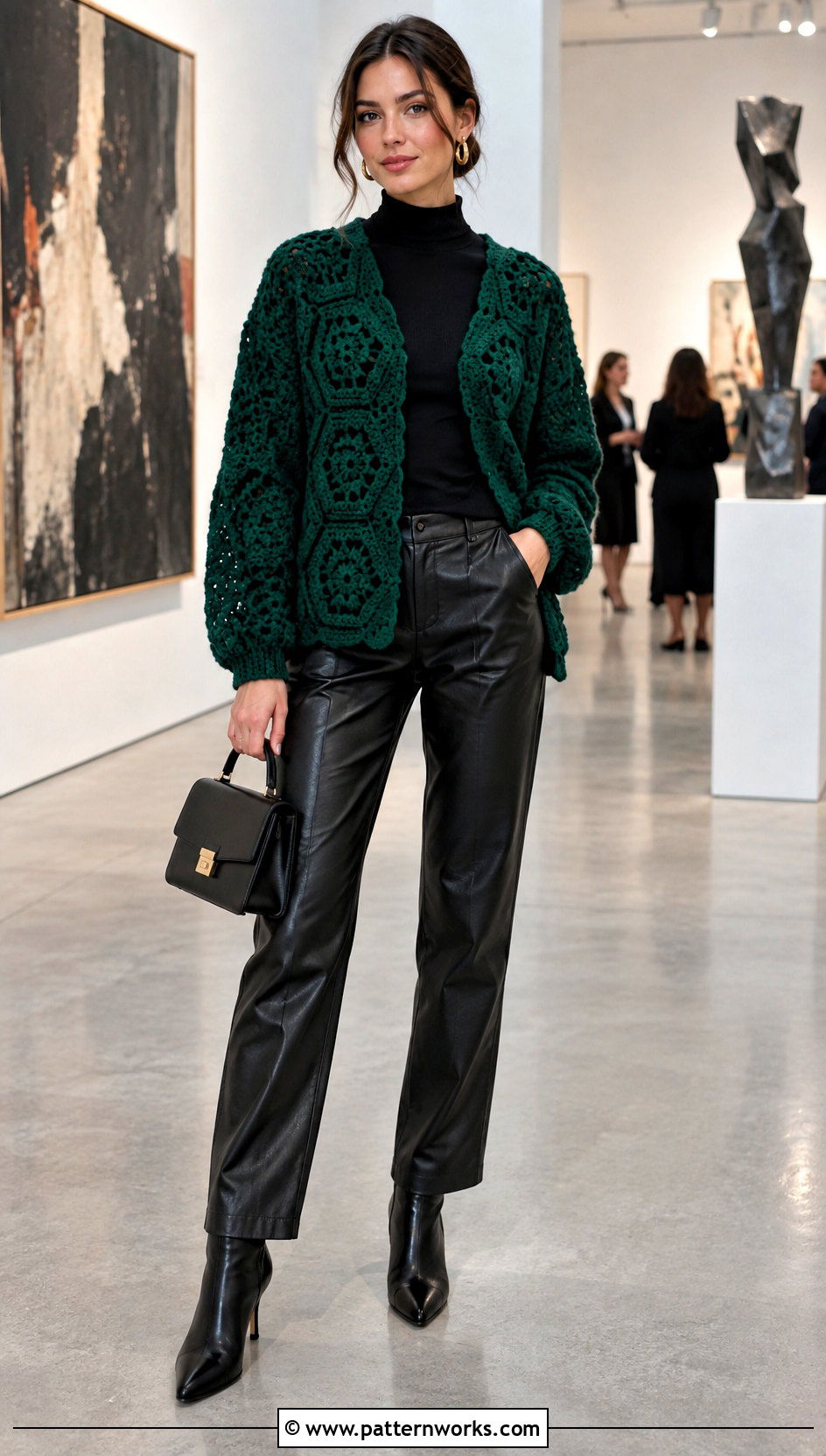 Jewel Tone Hexagon Crochet Cardigan With Faux Leather Pants - 30 hexagon crochet cardigan outfit ideas