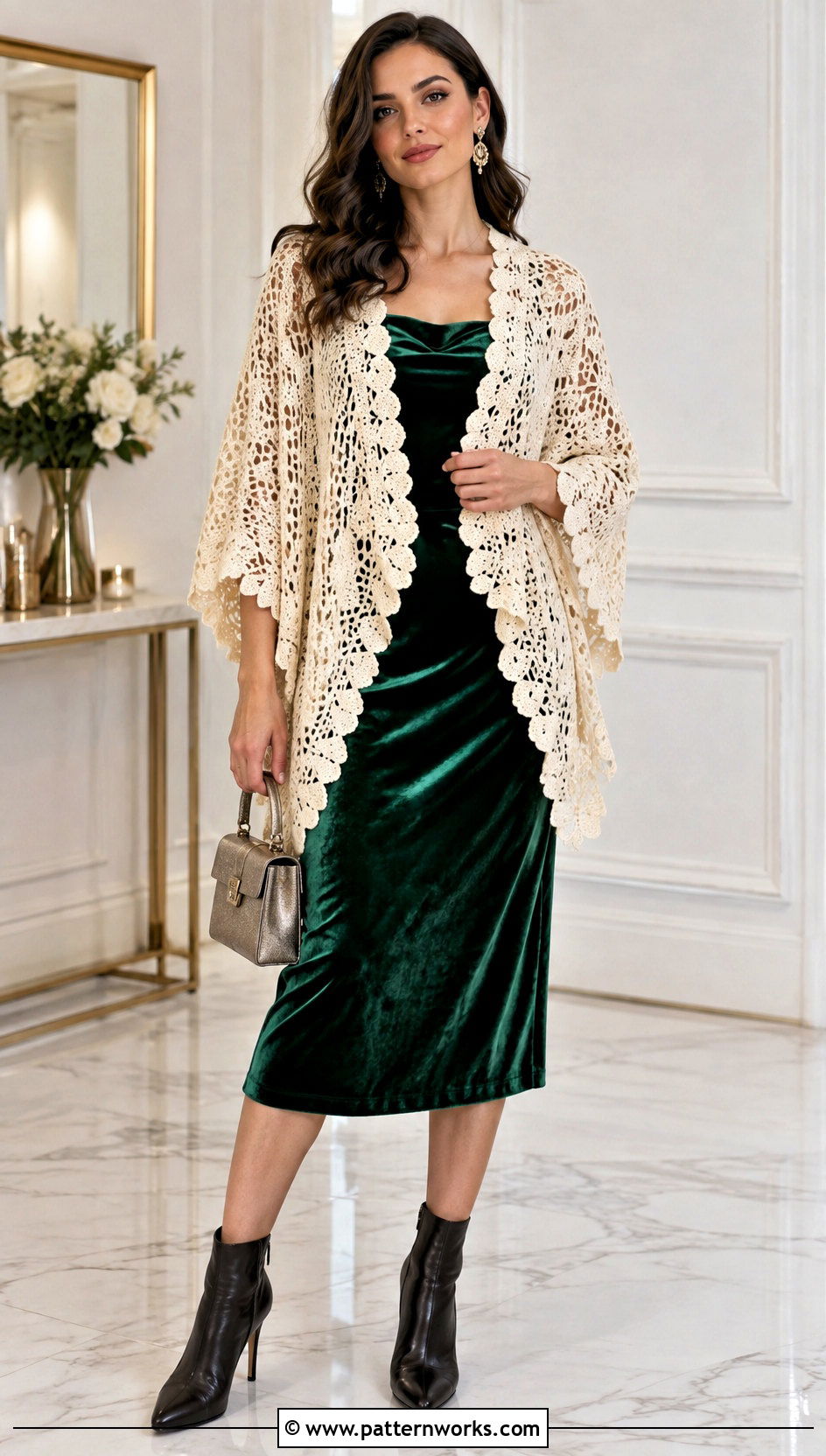 Jewel Tone Vintage Crochet Poncho Outfit With Velvet Dress - 18 Vintage Crochet Poncho outfit ideas