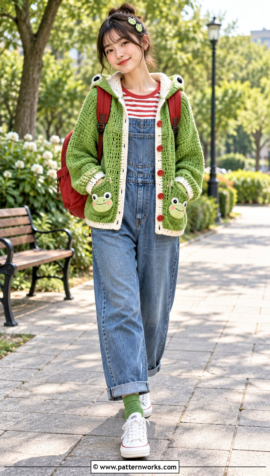 Keroppi Crochet Cardigan And Overalls Outfit - 24 Sanrio Crochet Clothes and outfit ideas