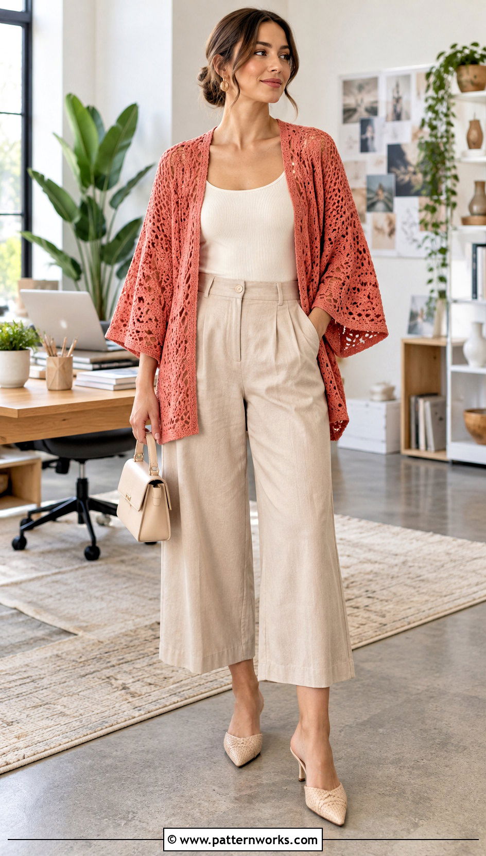 Kimono Sleeve Hexagon Crochet Cardigan With Culottes - 30 hexagon crochet cardigan outfit ideas