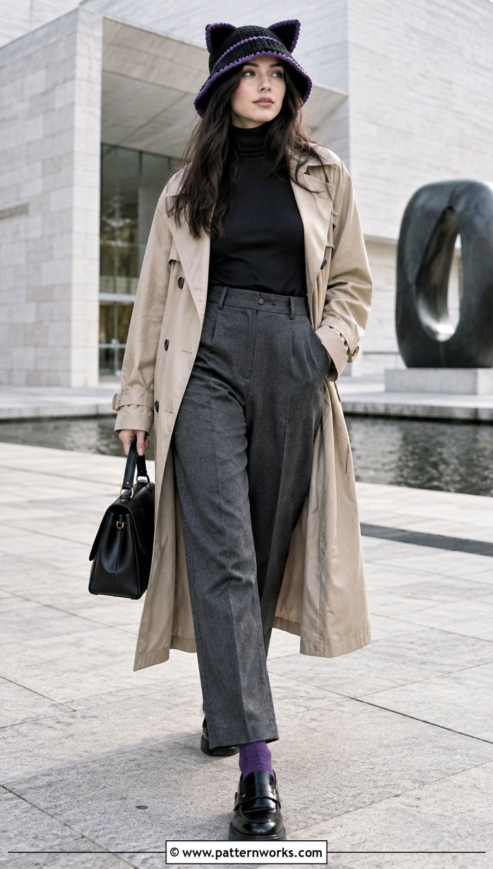 Kuromi Crochet Bucket Hat With Trench Coat And Trousers - 18 Kuromi Crochet Bucket Hat outfit ideas