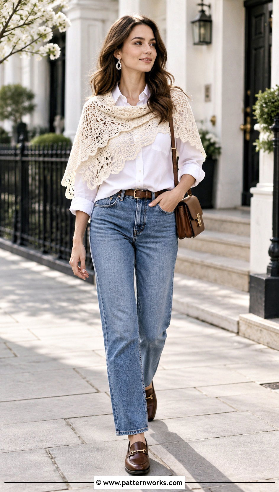 Lace Crochet Mantle Scarf With White Shirt And Jeans - 18 Crochet Mantle Scarf outfit ideas